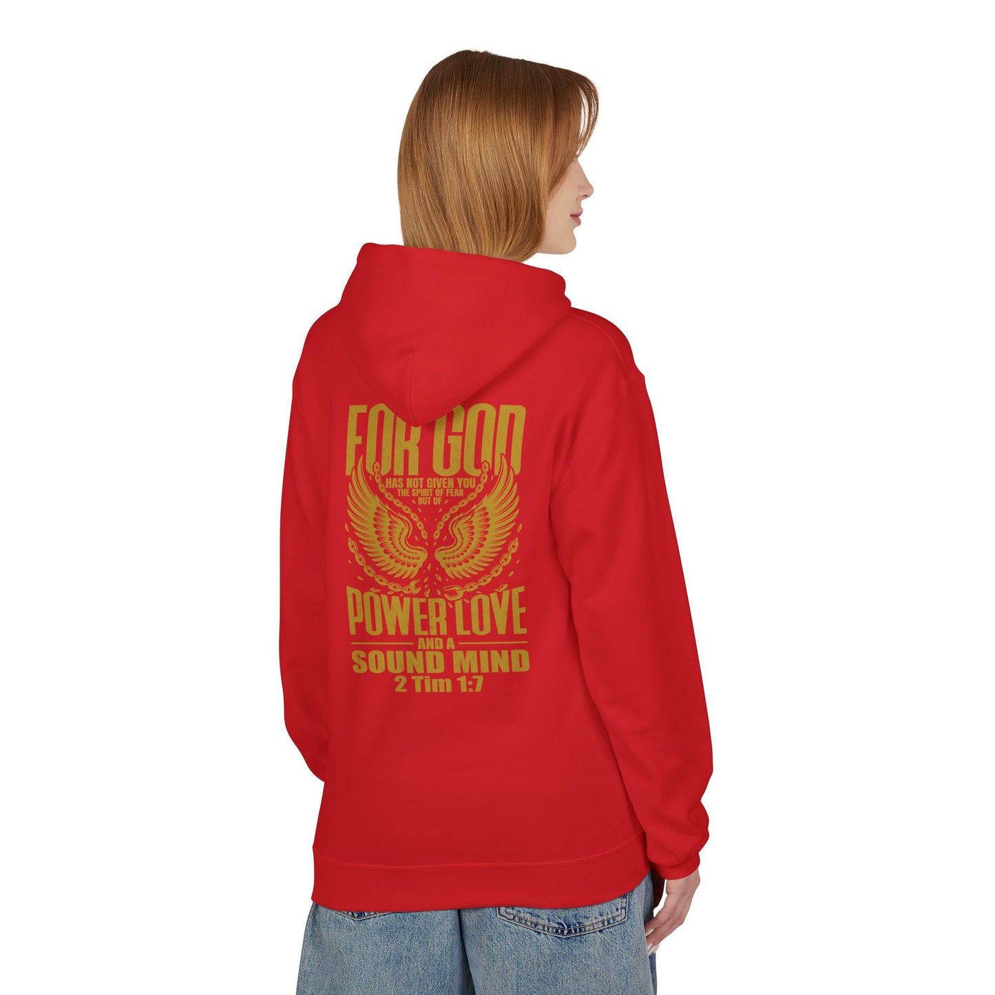 “Fearless & Free” Christian Hoodie – Gold Print | 2 Timothy 1:7 Scripture | Faith Over Fear