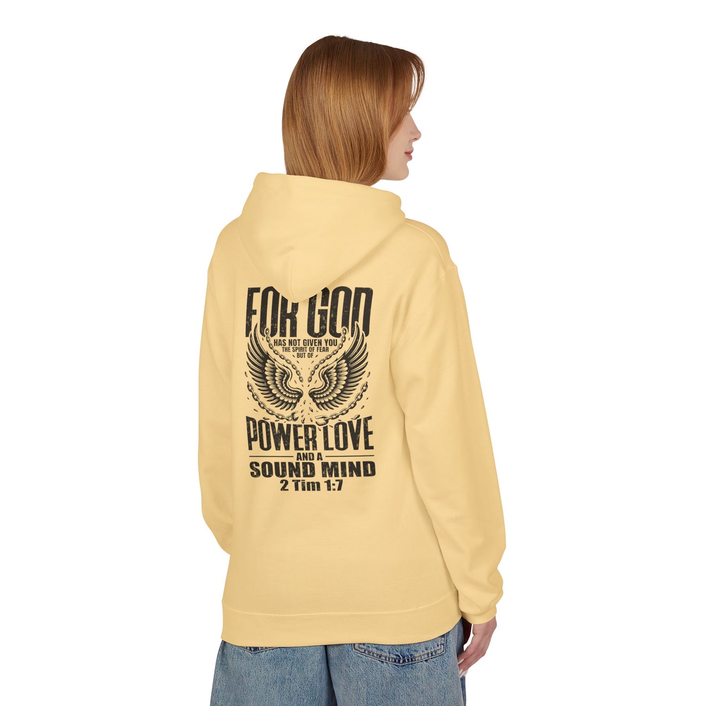 “Fearless & Free” Christian Hoodie – Black Print | 2 Timothy 1:7 | Bold Faithwear for Men & Women