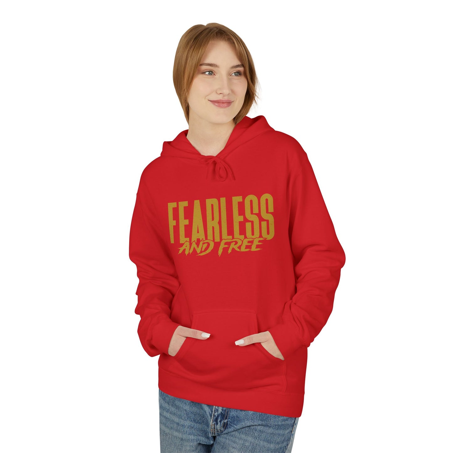 “Fearless & Free” Christian Hoodie – Gold Print | 2 Timothy 1:7 Scripture | Faith Over Fear
