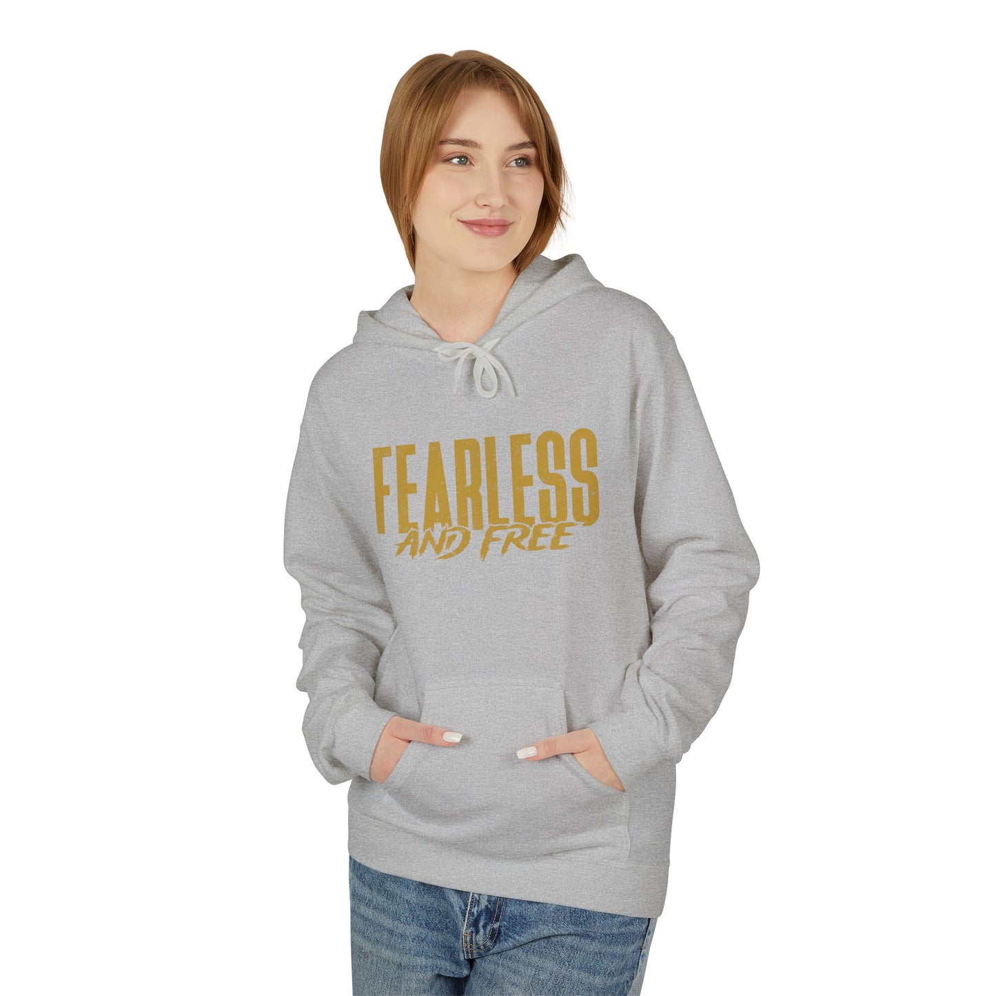 “Fearless & Free” Christian Hoodie – Gold Print | 2 Timothy 1:7 Scripture | Faith Over Fear