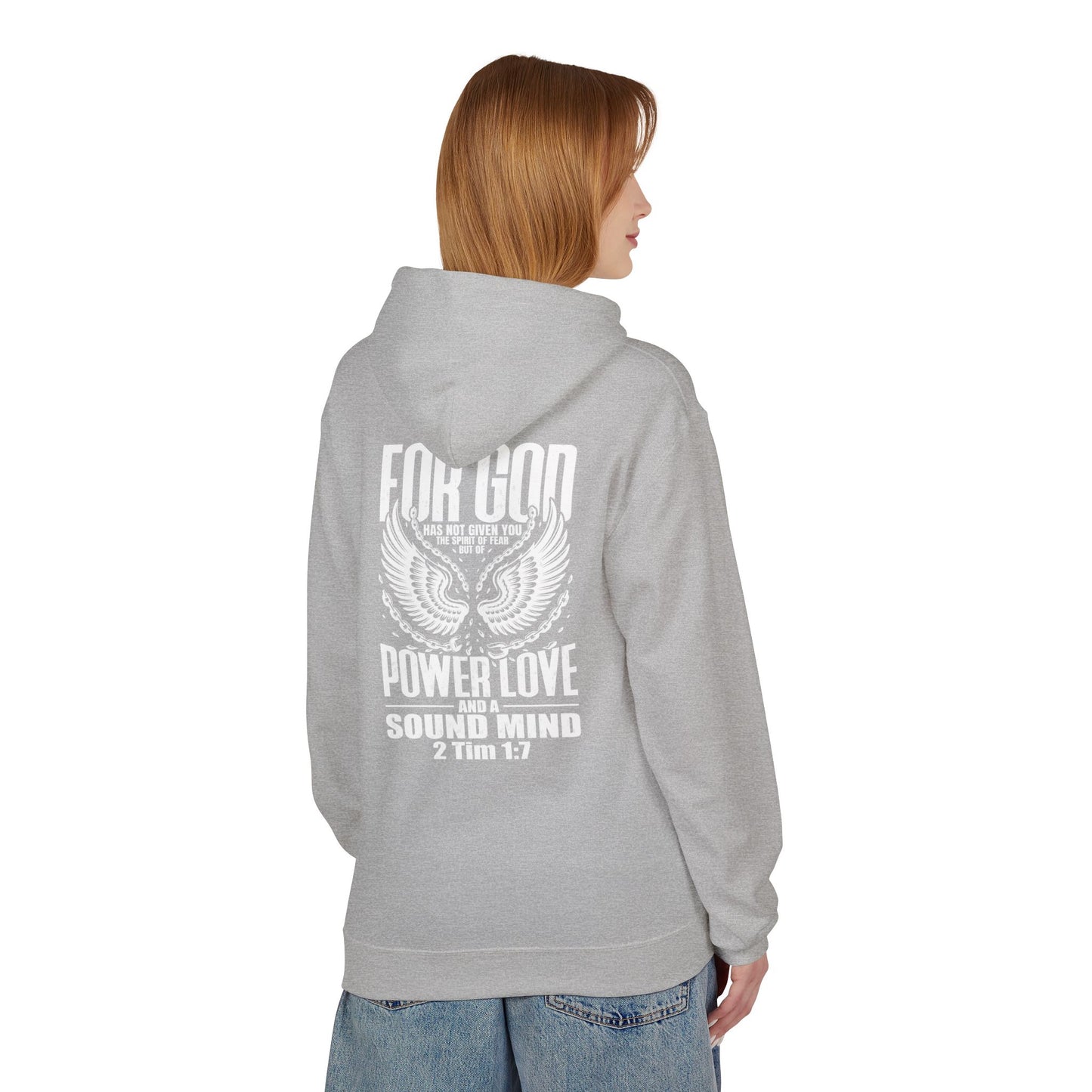 “Fearless & Free” Christian Hoodie – White Print | 2 Timothy 1:7 | Power • Love • Sound Mind