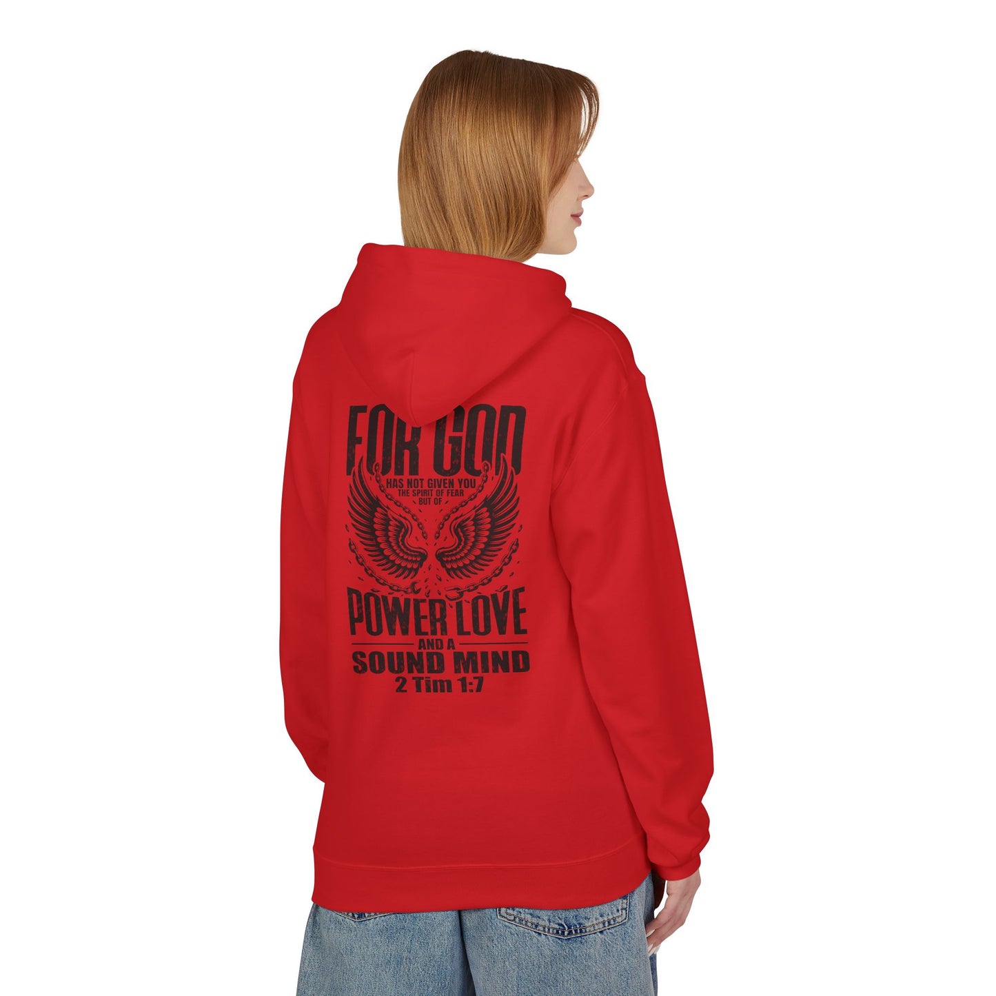 “Fearless & Free” Christian Hoodie – Black Print | 2 Timothy 1:7 | Bold Faithwear for Men & Women
