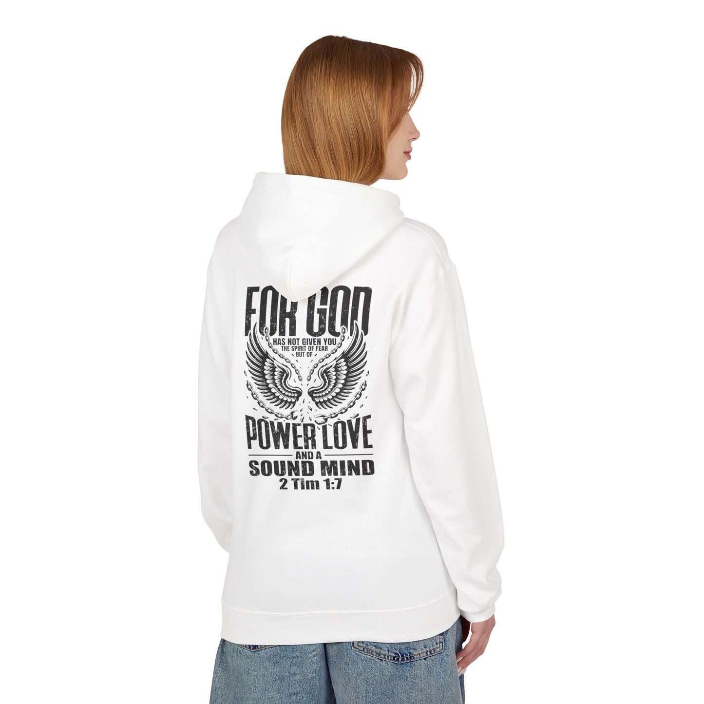 “Fearless & Free” Christian Hoodie – Black Print | 2 Timothy 1:7 | Bold Faithwear for Men & Women