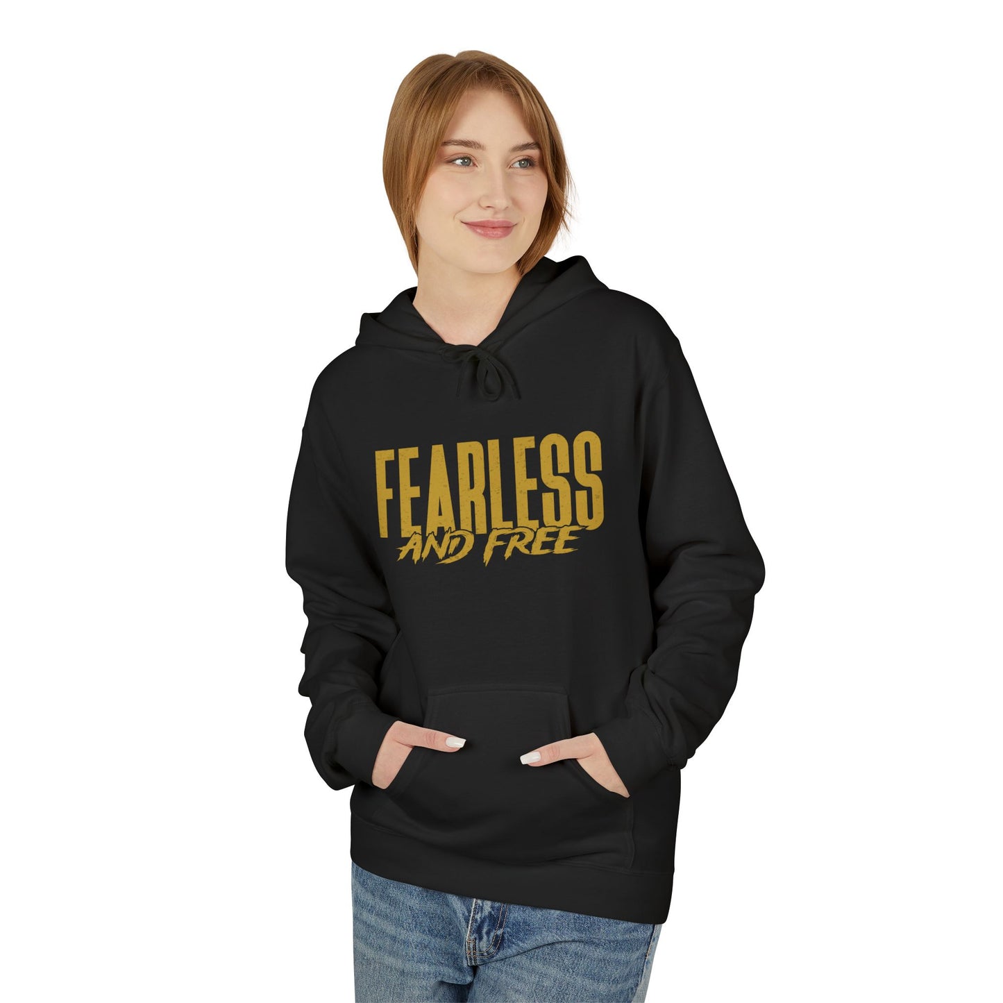 “Fearless & Free” Christian Hoodie – Gold Print | 2 Timothy 1:7 Scripture | Faith Over Fear