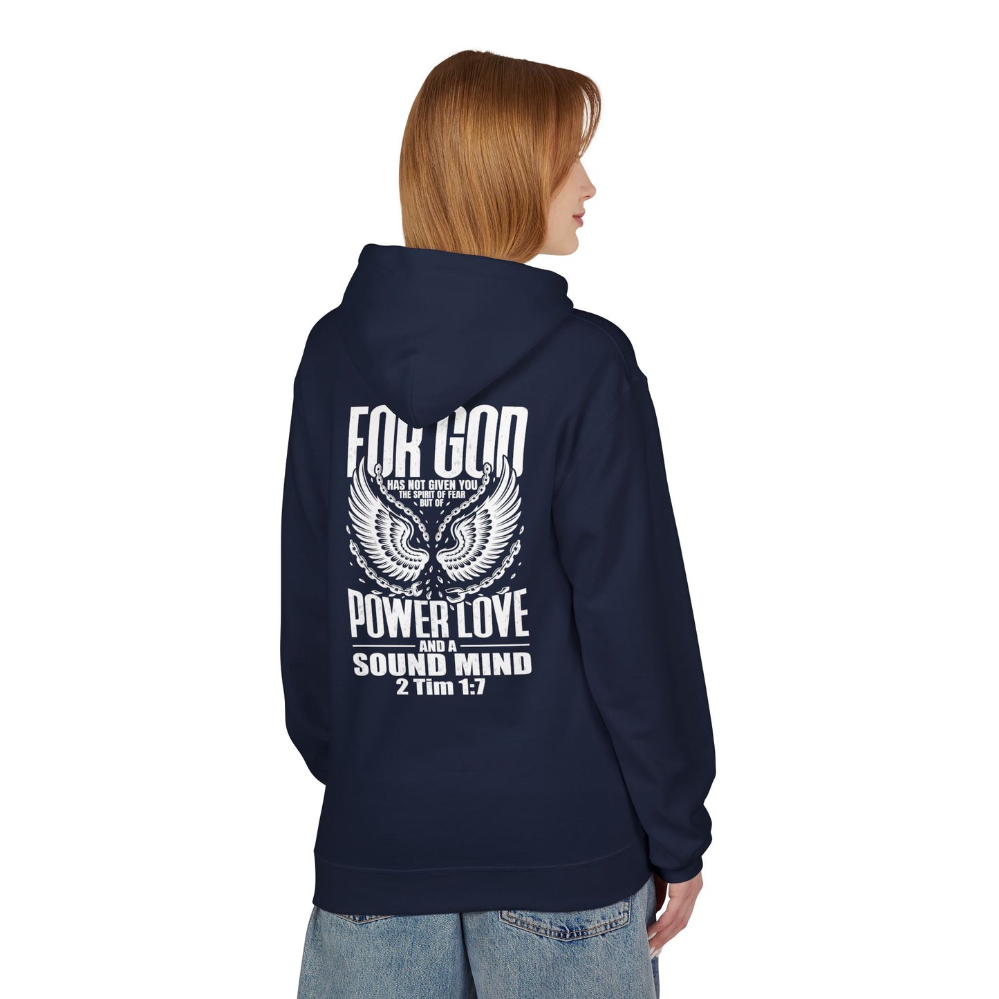 “Fearless & Free” Christian Hoodie – White Print | 2 Timothy 1:7 | Power • Love • Sound Mind