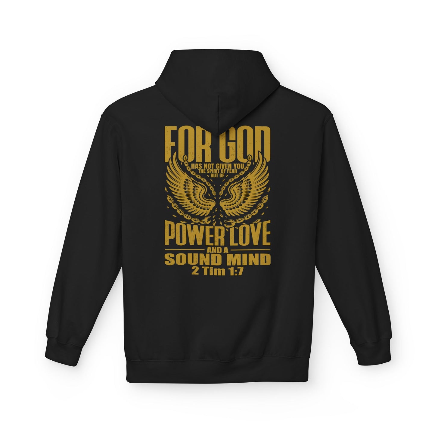 “Fearless & Free” Christian Hoodie – Gold Print | 2 Timothy 1:7 Scripture | Faith Over Fear