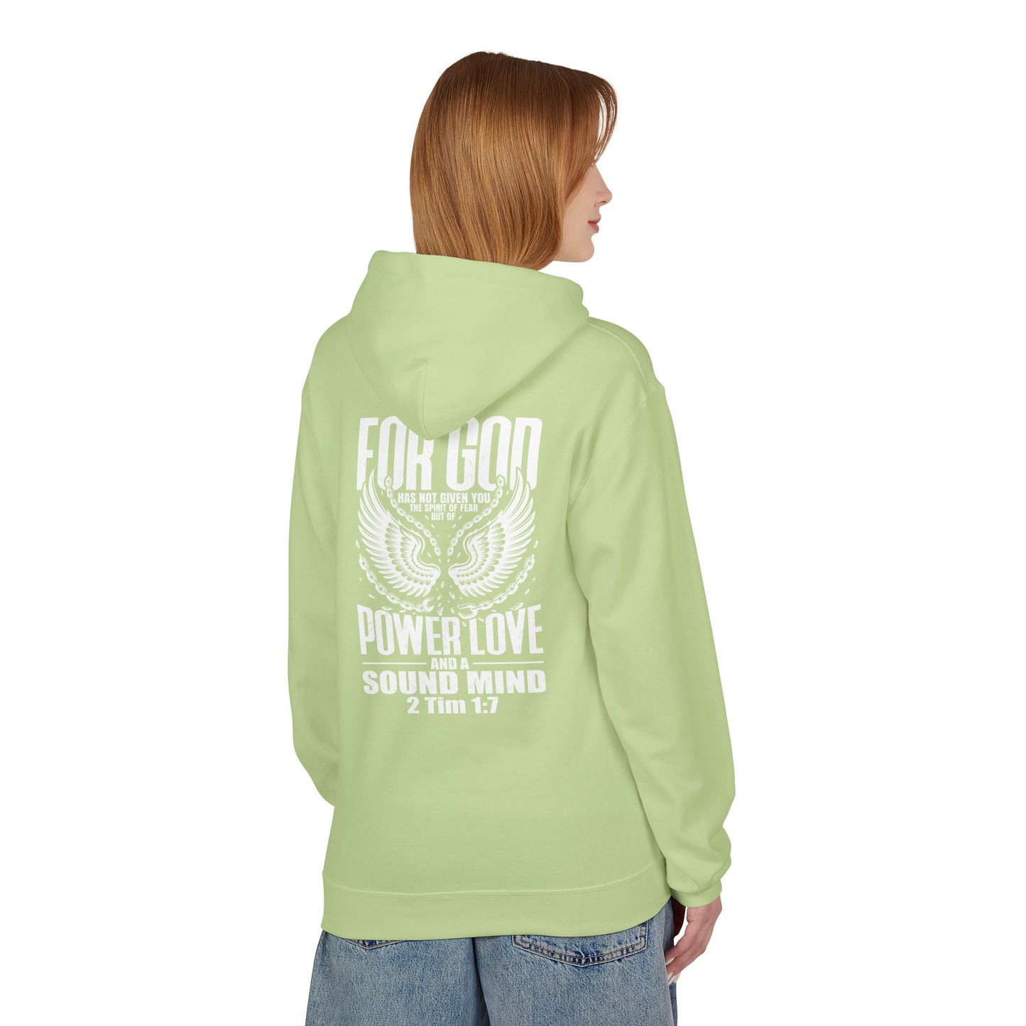 “Fearless & Free” Christian Hoodie – White Print | 2 Timothy 1:7 | Power • Love • Sound Mind