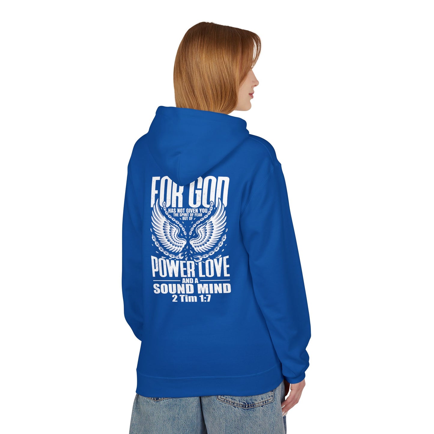 “Fearless & Free” Christian Hoodie – White Print | 2 Timothy 1:7 | Power • Love • Sound Mind