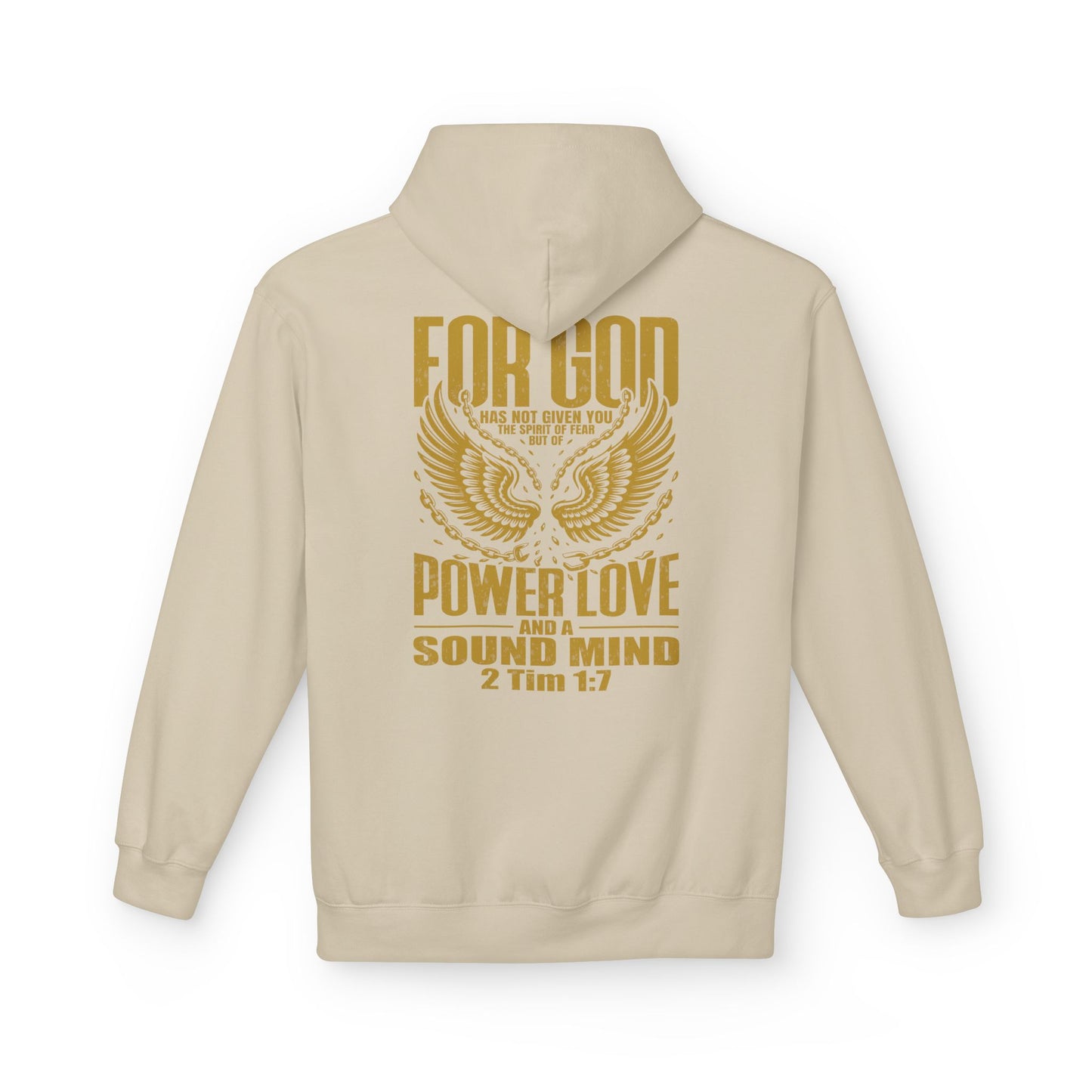 “Fearless & Free” Christian Hoodie – Gold Print | 2 Timothy 1:7 Scripture | Faith Over Fear