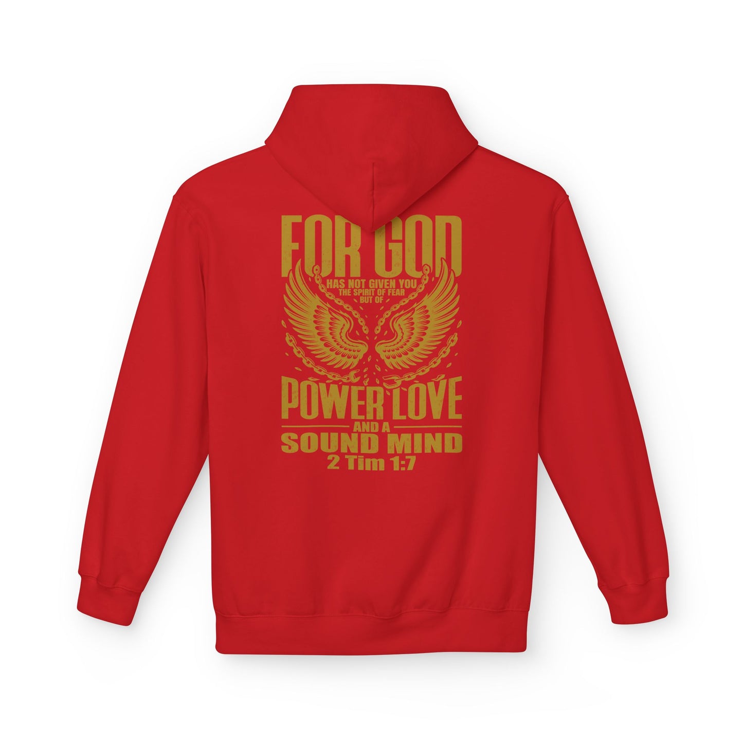 “Fearless & Free” Christian Hoodie – Gold Print | 2 Timothy 1:7 Scripture | Faith Over Fear