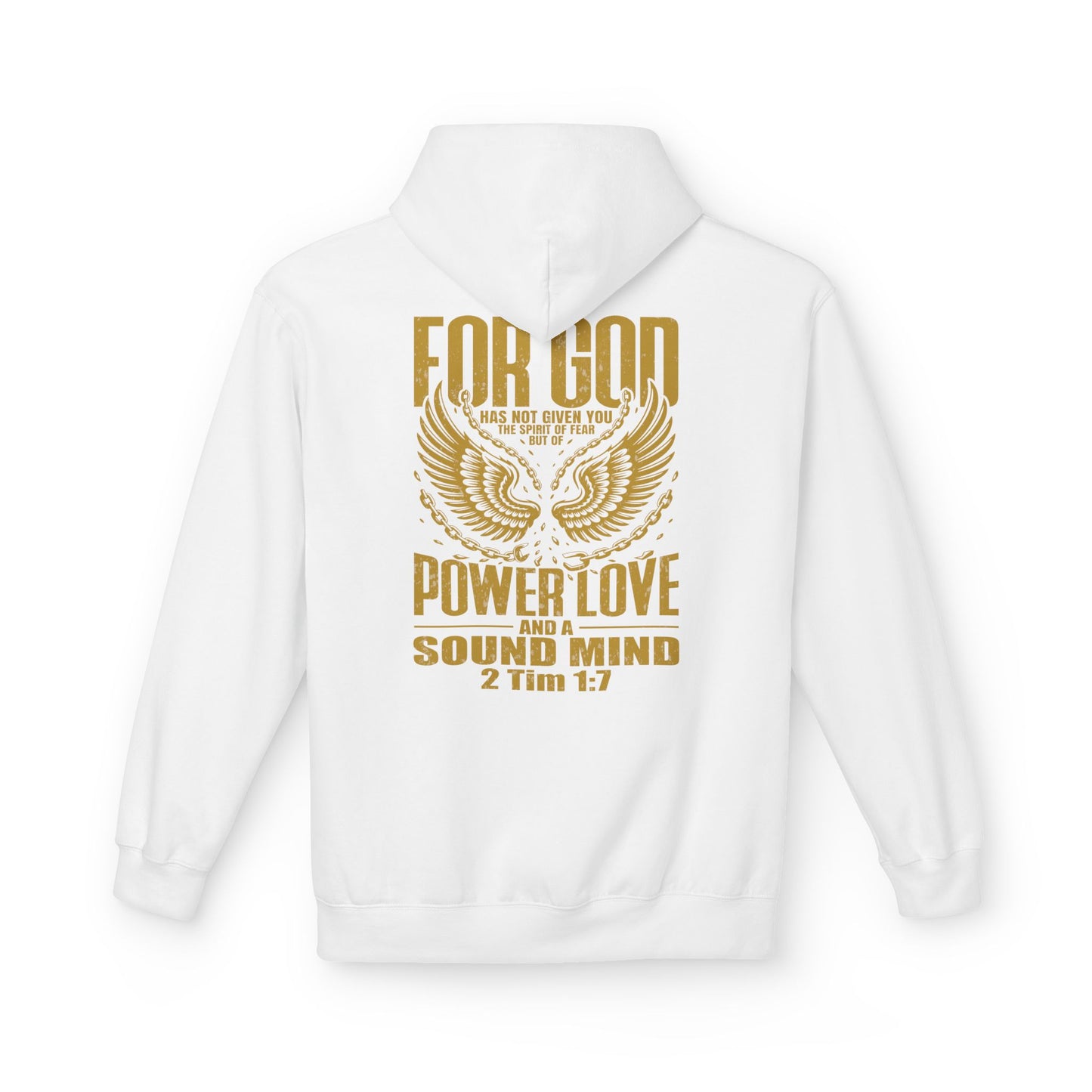 “Fearless & Free” Christian Hoodie – Gold Print | 2 Timothy 1:7 Scripture | Faith Over Fear