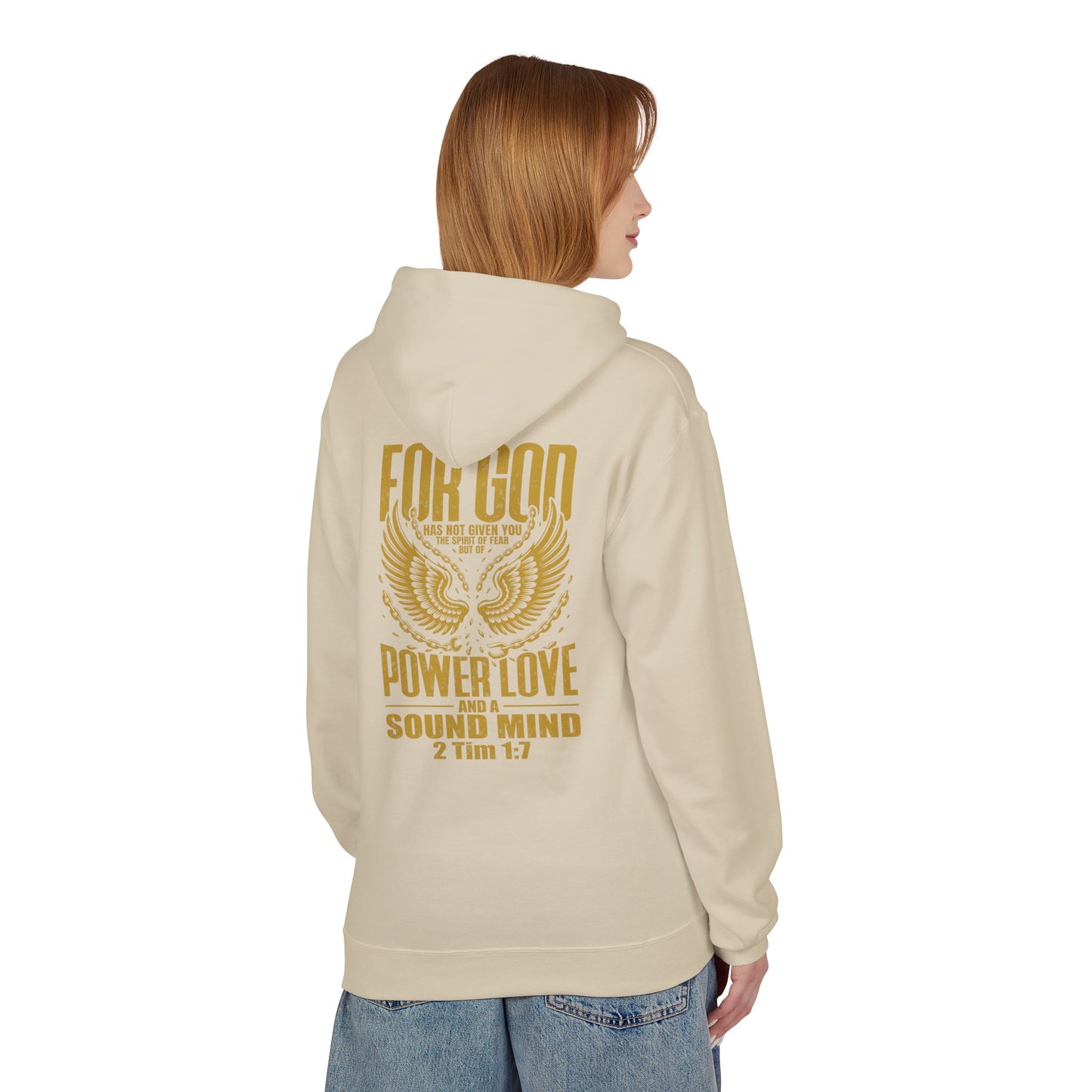 “Fearless & Free” Christian Hoodie – Gold Print | 2 Timothy 1:7 Scripture | Faith Over Fear