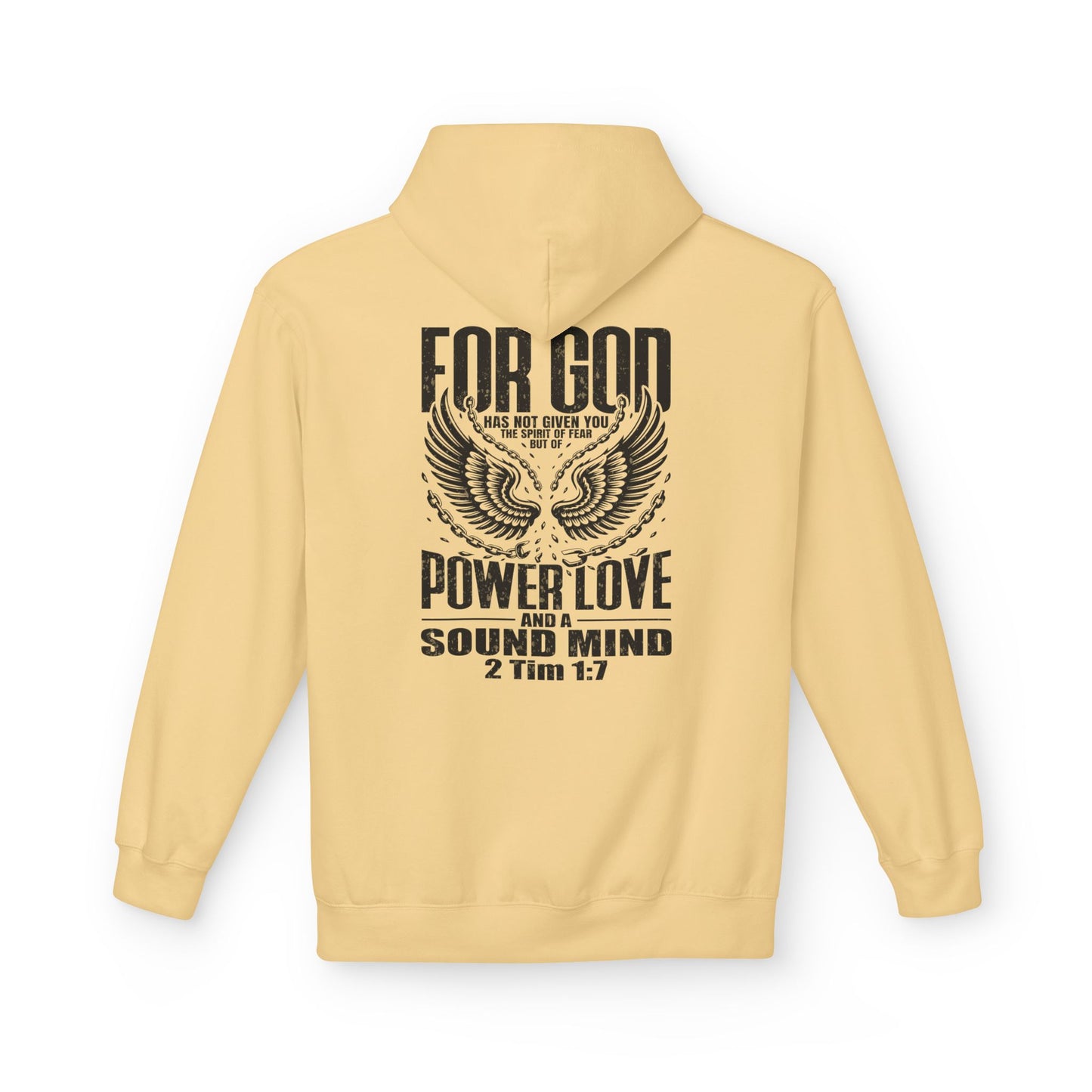 “Fearless & Free” Christian Hoodie – Black Print | 2 Timothy 1:7 | Bold Faithwear for Men & Women