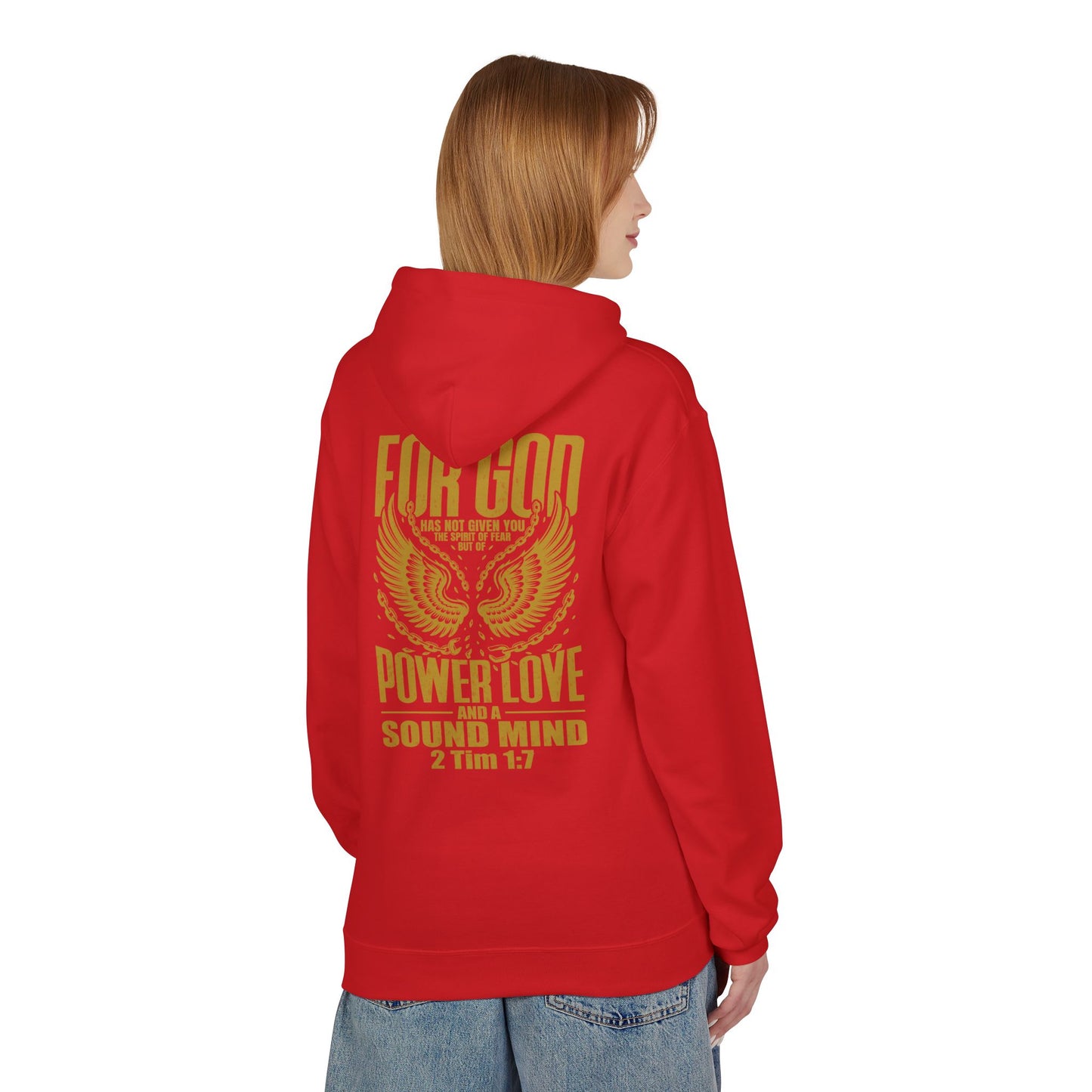 “Fearless & Free” Christian Hoodie – Gold Print | 2 Timothy 1:7 Scripture | Faith Over Fear