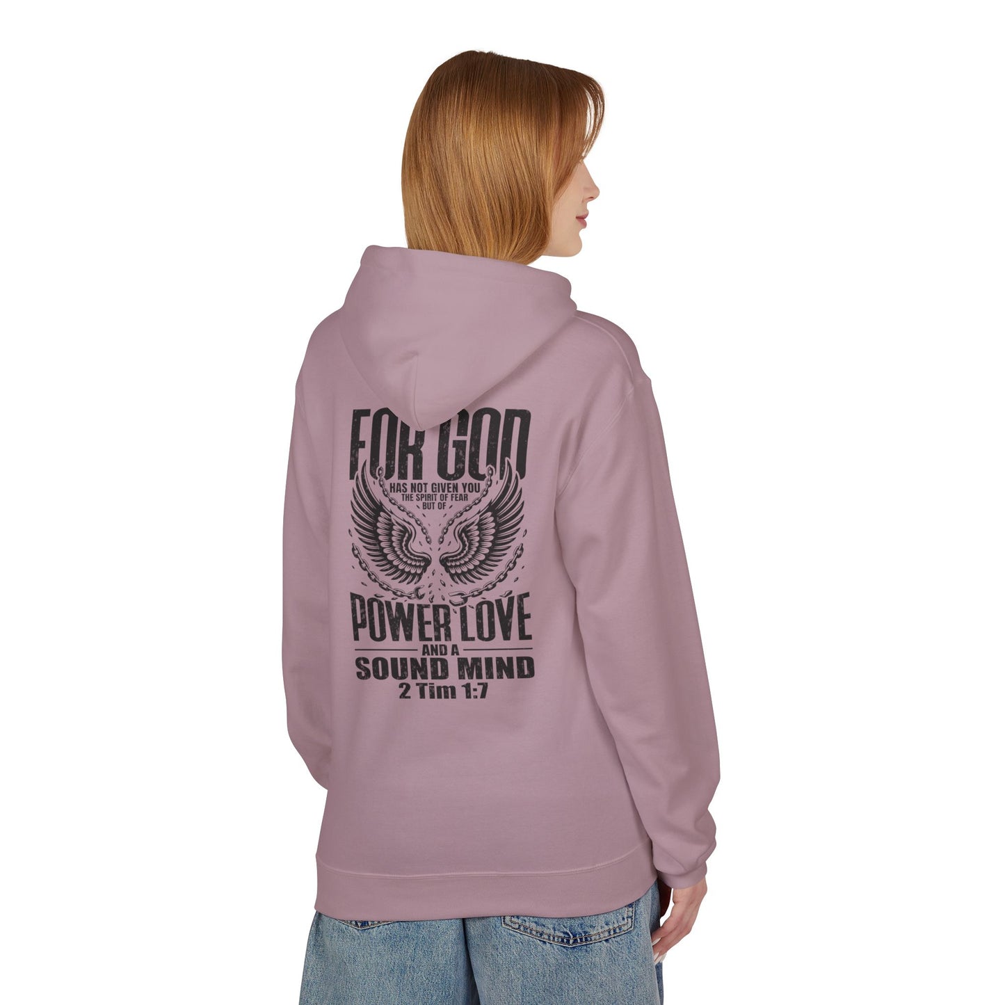 “Fearless & Free” Christian Hoodie – Black Print | 2 Timothy 1:7 | Bold Faithwear for Men & Women