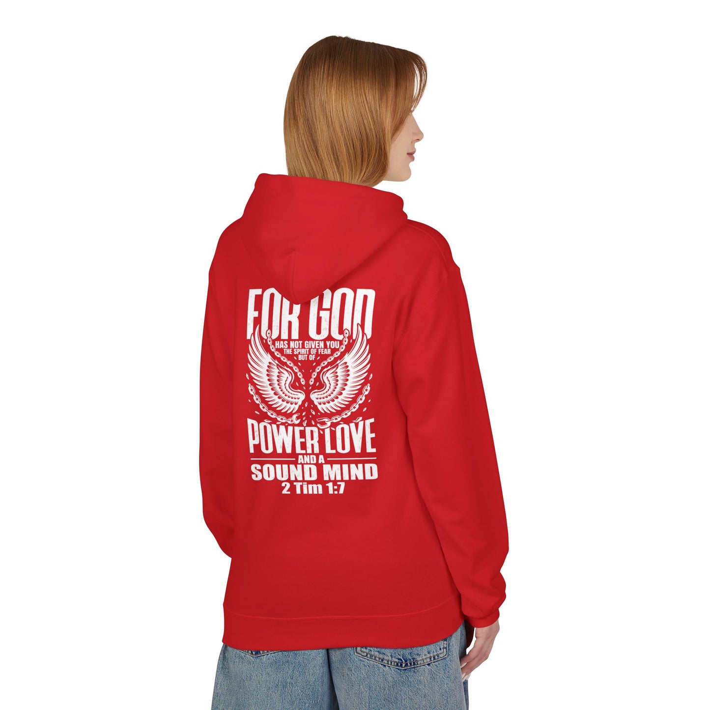 “Fearless & Free” Christian Hoodie – White Print | 2 Timothy 1:7 | Power • Love • Sound Mind
