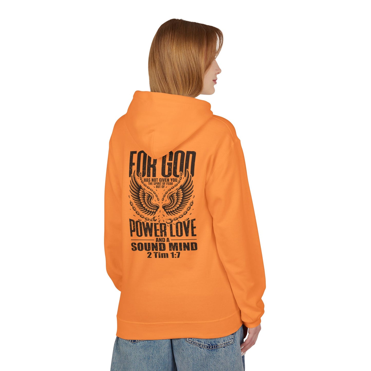 “Fearless & Free” Christian Hoodie – Black Print | 2 Timothy 1:7 | Bold Faithwear for Men & Women
