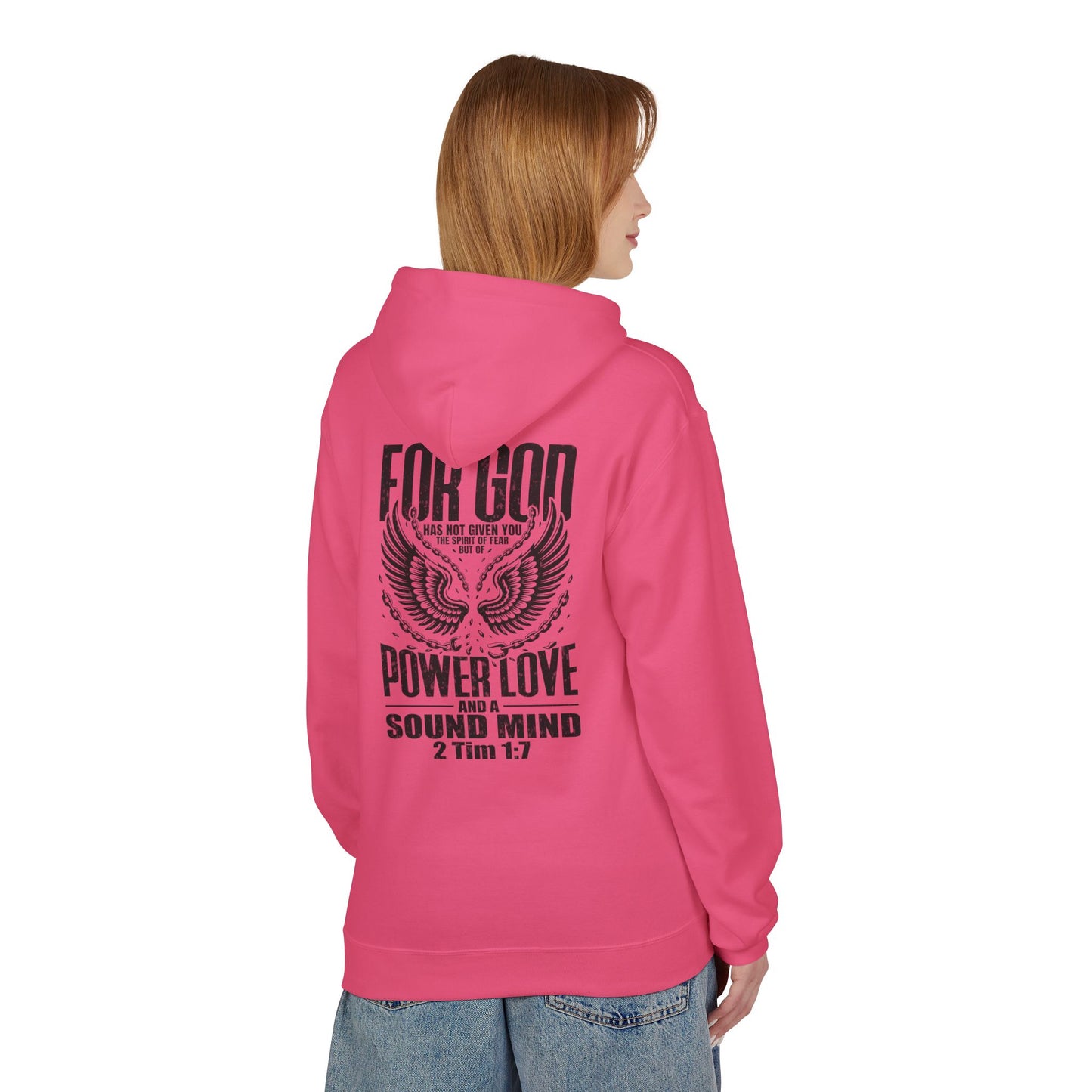 “Fearless & Free” Christian Hoodie – Black Print | 2 Timothy 1:7 | Bold Faithwear for Men & Women