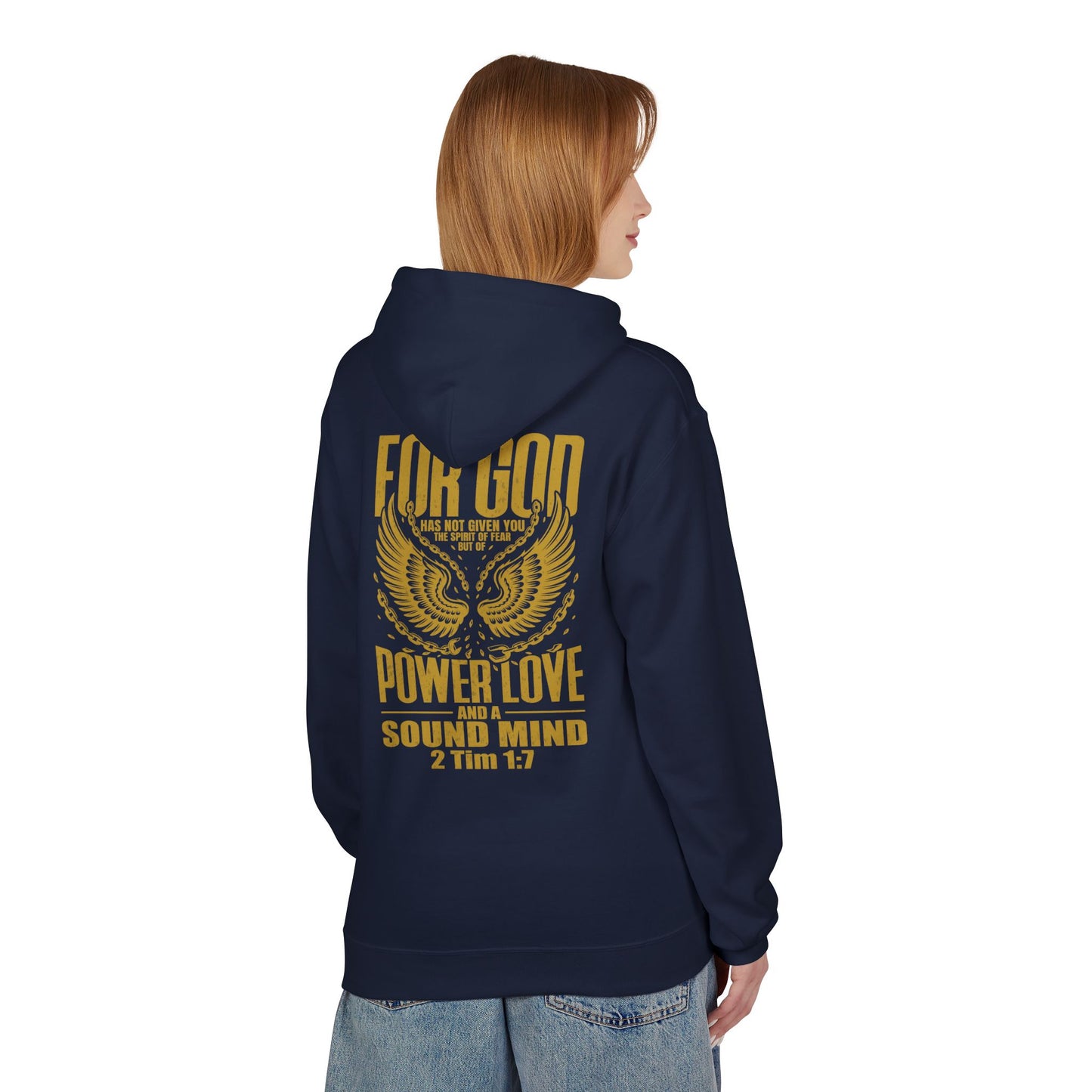 “Fearless & Free” Christian Hoodie – Gold Print | 2 Timothy 1:7 Scripture | Faith Over Fear